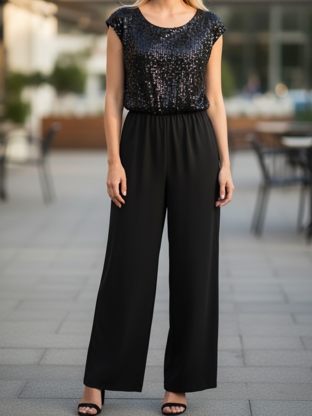 Enfocus Studio Black Sequin Sparkle Bodice Sleeveless Jumpsuit Size 10